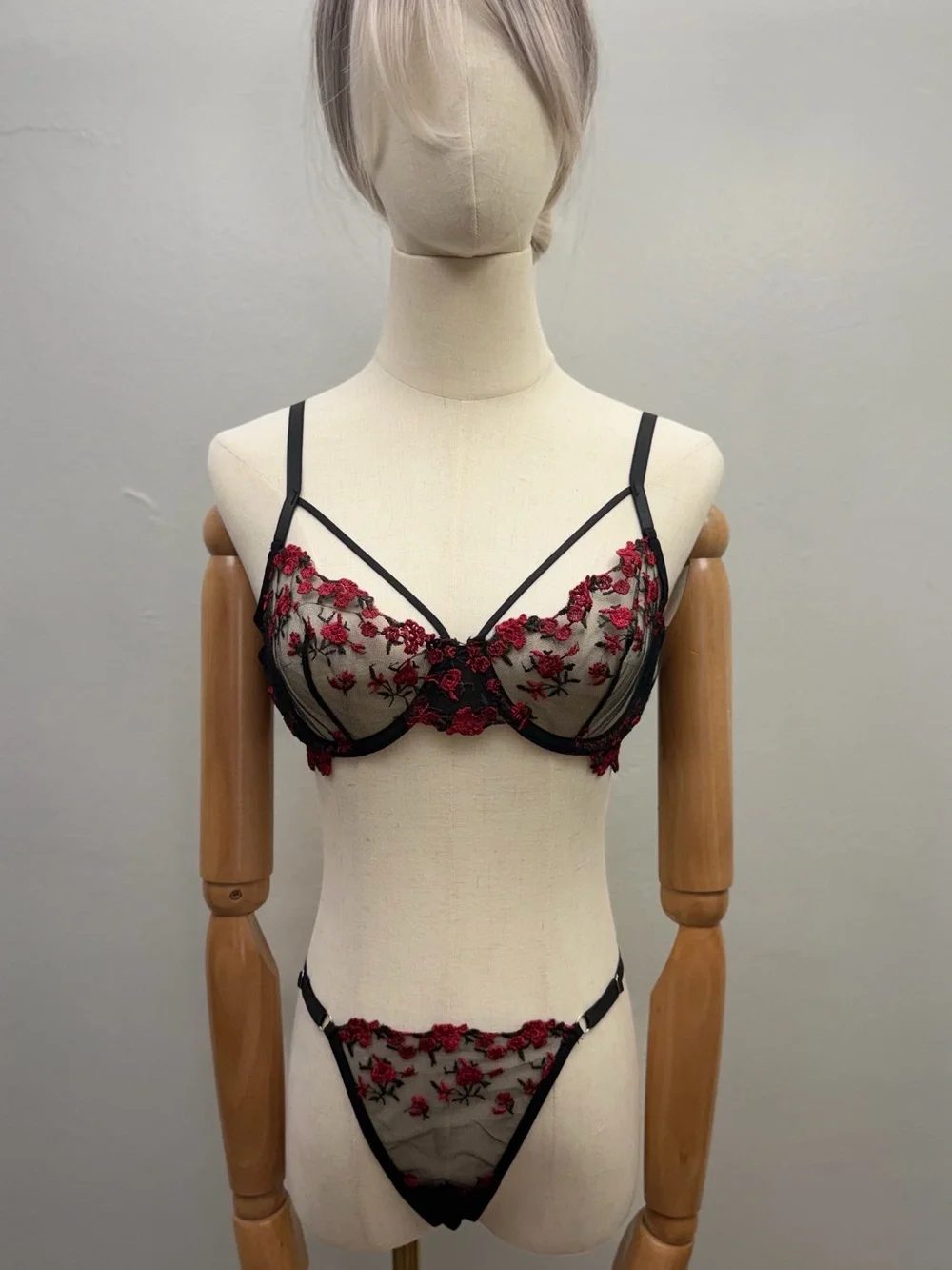 Sheer Floral Embroidered Bra & Thong Set - Black with Red Floral
